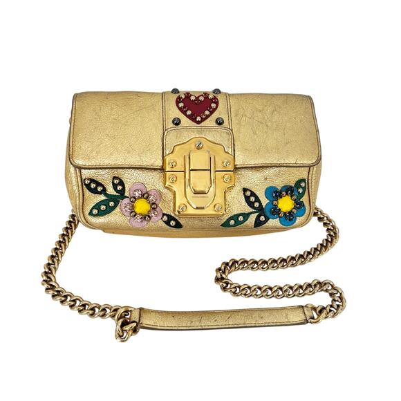 Dolce and Gabbana Lucia Metallic Gold Calfskin Embellished Shoulder Bag